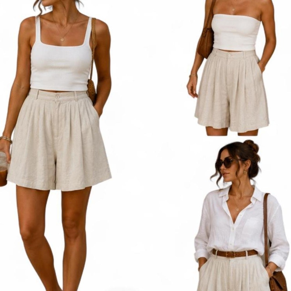 Natural Expressions Vintage Linen Blend High Rise Pleated Shorts Cream Large